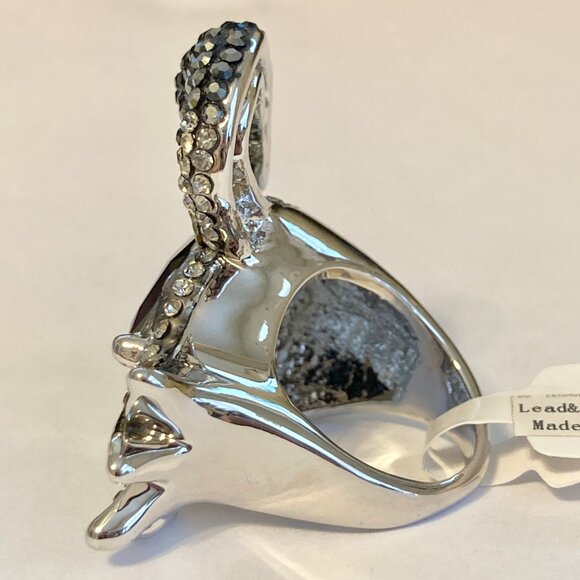 Vintage Crystal Swan Cocktail Ring Statement Size 7 8 Black Silver RhodiumPlated - Picture 5 of 11